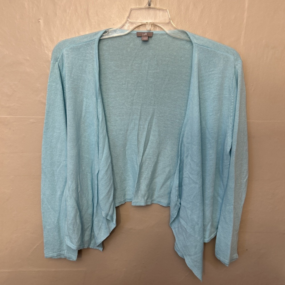 J Jill Large Robin‎ Eggs Blue Sweater Cardigan Shrug Open Front Linen